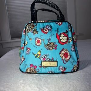 Betsey Johnson bag lunch box / bag insulated shimmery blue Teapots Birds NWOT
